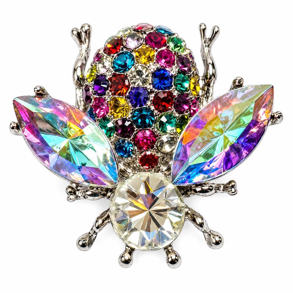 Vintage Rhinestone Bee Brooch Multicolor Aurora Borealis Crystal Silver Tone